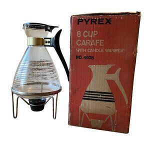 Vintage MCM Pyrex 8 cup‎ Gold Glass Coffee Carafe Warmer Stand Original Box City